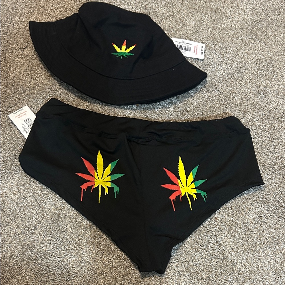 Black Bucket Hat and Shorts Set with Leaf Design